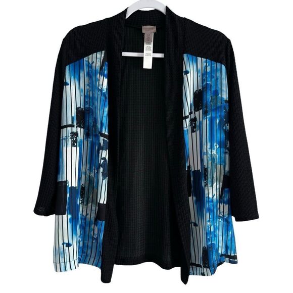 Easywear by Chico’s Black Blue Cardigan Blouse Stretch‎ Lightweight Sz 0 Small - Picture 1 of 7
